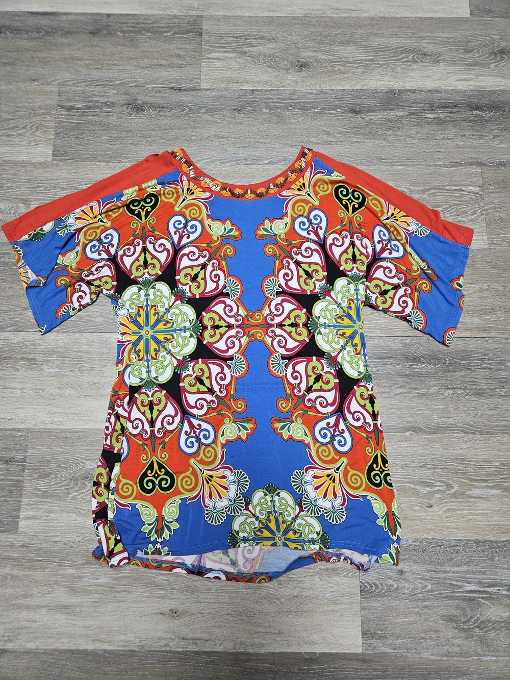 Bright Blue & Orange Patterned Mini Dress with Multicolor Print